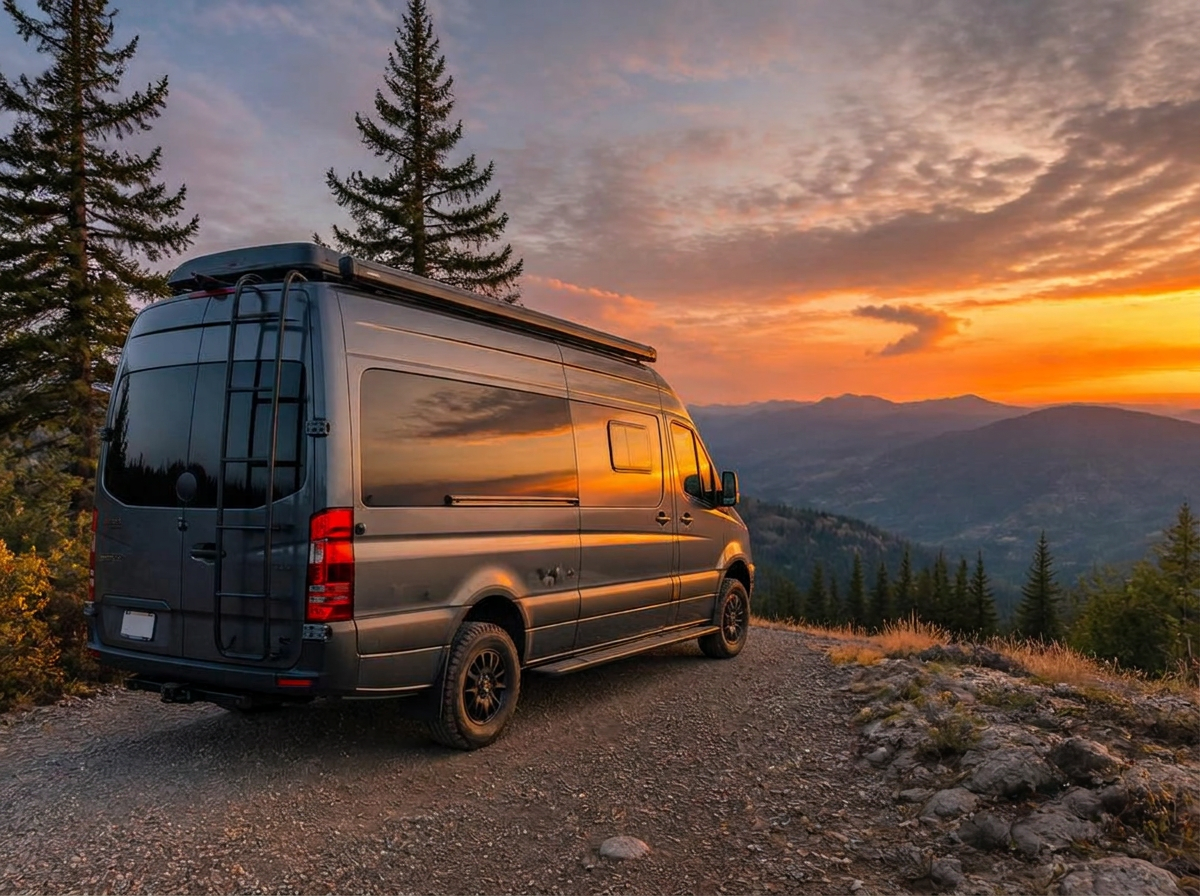 Modern camper van parked on a remote mountain overlook at sunset